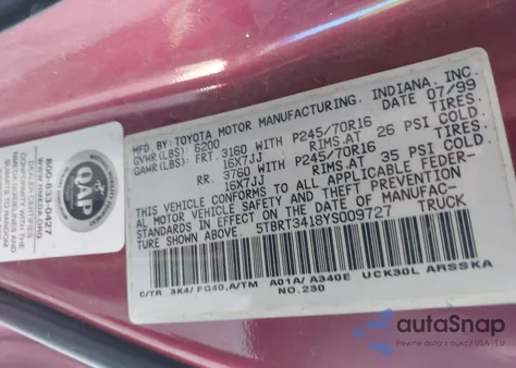 2000 Toyota Tundra Sr5 V8 из США, поврежденный, VIN 5TBRT3418YS009727